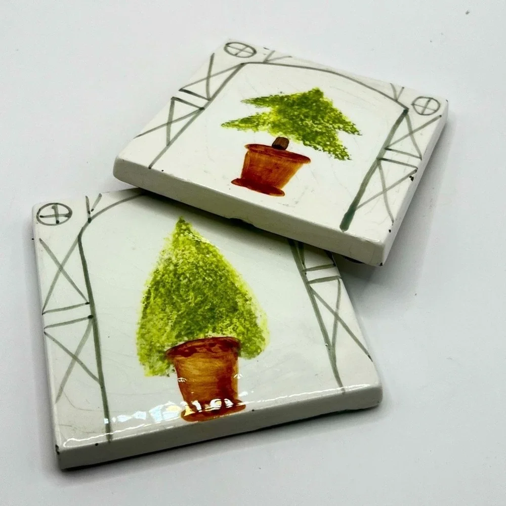 2 Vtg Ceramic Tiles Coasters 4x4 Hand painted Italian Garden Plant Pot Arbor